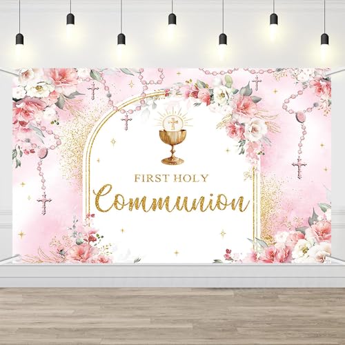 AIBIIN First Holy Communion Backdrop for Girl Mi Primera Comunión Party Decorations Pink and Elegant Floral Party Banner Flower Garland Dove Bible God Bless Party Photo Props 6x3.6ft - color: Pink, size: 6x3.6ft
