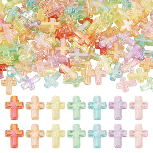 200Pcs Clear Acrylic Cross Kandi Beads AB Color Crucifix Halloween Easter Bracelet Beads for Keychain Iridescent Crafts DIY Jesus Bracelet Rosary Jewelry Making Supplies 16x12.5mm - color: Random AB Colors