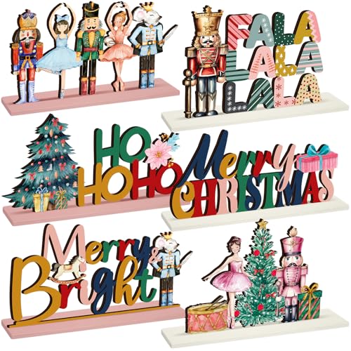 Shellwei 6pcs Christmas Table Decorations Wooden Nutcracker Fairy Ballet Merry Christmas Table Centerpiece Mouse King Soldier Wooden Signs for Xmas Home Table Tier Tray Party Decor - style: Nutcracker Style
