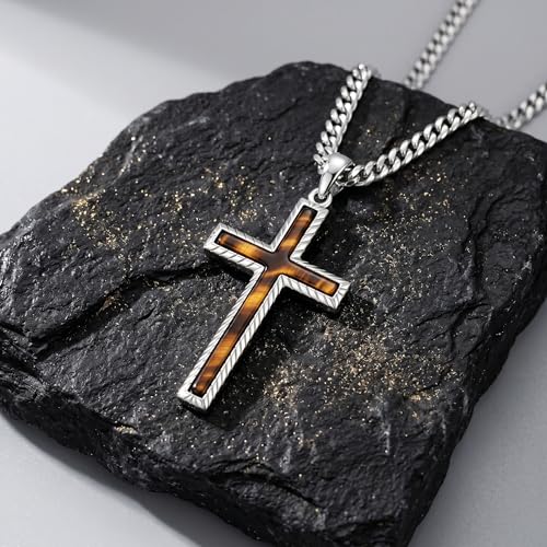 MRENITE Silver Natural Stone Cross Necklace, Classic Latin Cross Pendant Necklace for Unisex Women Man, Vintage Crystal Quartz Cross Necklace with 20+2 Inches Adjustable Cuban Chain - style: Tiger Eye