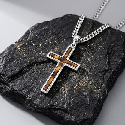 MRENITE Silver Natural Stone Cross Necklace, Classic Latin Cross Pendant Necklace for Unisex Women Man, Vintage Crystal Quartz Cross Necklace with 20+2 Inches Adjustable Cuban Chain - style: Tiger Eye