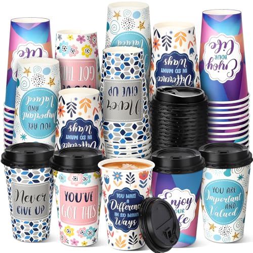 50 Pack 16 oz Disposable Coffee Cups with Lids Motivational - style: Motivational