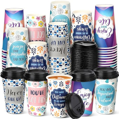 50 Pack 16 oz Disposable Coffee Cups with Lids Motivational - style: Motivational