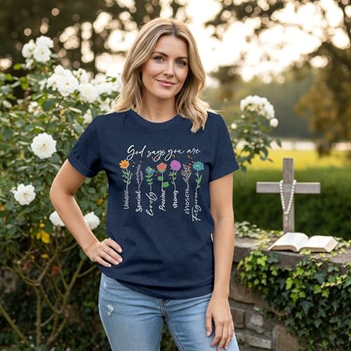 Womens Christian Shirt Bible Verse T-Shirt Religious Gifts Florial Tee Tops - color: Blue, size: Medium