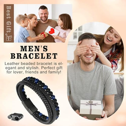 Beaded Leather Bracelets - Gifts for Men, 6mm Tiger Eye Lava Rock Stone Beads Braided Leather Bracelet Handmade Mens Bracelet With Adjustable Magnetic Clasp - color: Black-10