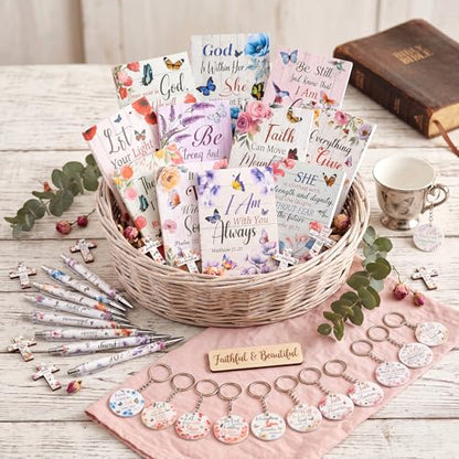 Humyoun 12 Set Christian Religious Gifts for Women Bulk Include Bible Verse Notebook Ballpoint Pen Acrylic Keychain and Magnetic Bookmark Floral Bible Verse Theme Inspirational Religious Party Favor