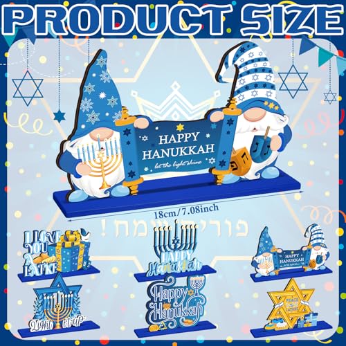 Shellwei 6 Pcs Hanukkah Table Decorations Hanukkah Wooden Table Sign Happy Hanukkah Table Centerpiece Gnome Menorah Hexagram Wooden Signs for Chanukah Home Table Tier Tray Party Decor - style: Hanukkah Style