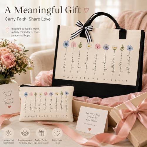 Tecanne Christian Gifts for Women, Canvas Tote Bag with Makeup Bag - color: Galatians 5:22–23