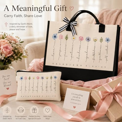 Tecanne Christian Gifts for Women, Canvas Tote Bag with Makeup Bag - color: Galatians 5:22–23