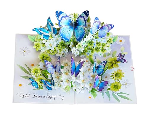 Flowers w Butterflies Pop Up Sympathy Cards with Envelopes, Sorry for Your Loss Card, Religious Pop Up Sympathy for Loss of Loved one, Mother, Father, Husband (Size 6x8 in – Sympathy) - color: Butterflies Sympathy