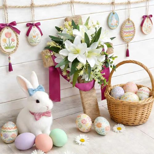 Easter Cross Wreaths for Front Door, 16" Religious Spring Wreath with Lily and Purple Ribbon, Christian He is Risen Easter Decor, Rustic Twine Wrapped Hanging Ornament Wall Porch Farmhouse Home Decor