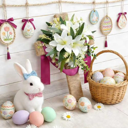 Easter Cross Wreaths for Front Door, 16" Religious Spring Wreath with Lily and Purple Ribbon, Christian He is Risen Easter Decor, Rustic Twine Wrapped Hanging Ornament Wall Porch Farmhouse Home Decor