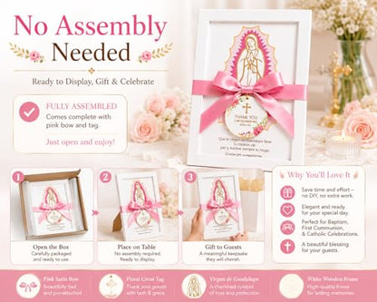 12 Pcs Virgen de Guadalupe First Communion Favors for Guests, Pink Our Lady of Guadalupe Wooden Picture Frames with Satin Bows, Catholic Recuerdos de Primera Comunión, 5.79 x 7.87 in