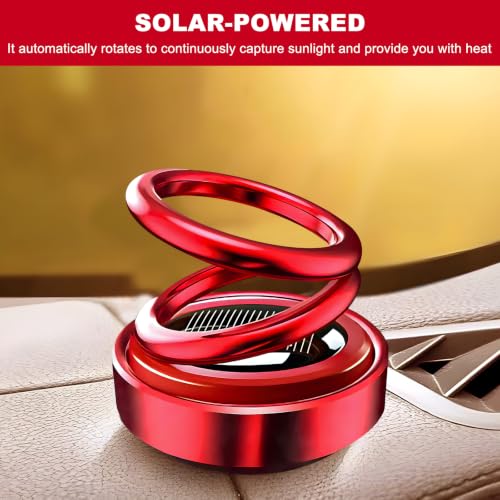 Solar Rotating Car Air Freshener, Solar-Powered Double Ring Auto Dashboard Aromatherapy Ornament, Refillable Rotating Aromatherapy Diffuser Dashboard Decor for Most Vehicles (Red)