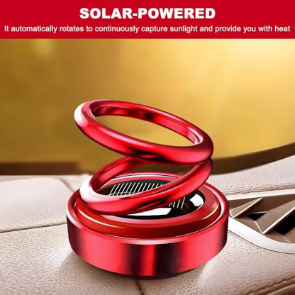 Solar Rotating Car Air Freshener, Solar-Powered Double Ring Auto Dashboard Aromatherapy Ornament, Refillable Rotating Aromatherapy Diffuser Dashboard Decor for Most Vehicles (Red)
