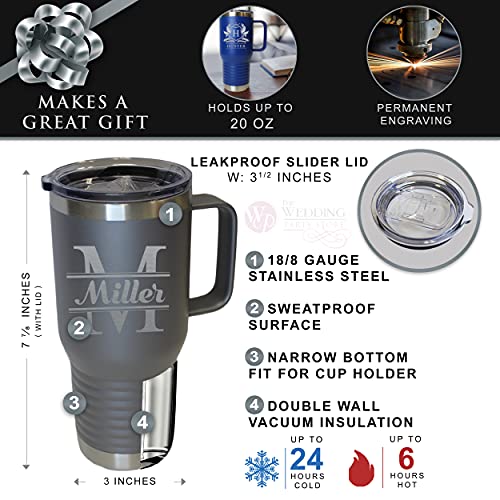 The Wedding Party Store Custom Personalized 20 oz Stainless Steel Powder Coated Vacuum Insulated Double Walled Travel Tumbler Coffee Mug with Handle and Lid (Grey) - color: Gray
