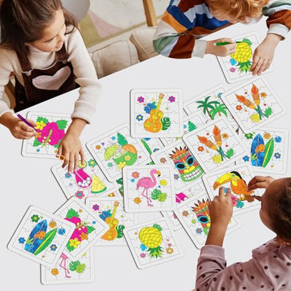 Cinrobiye 24 Pcs Hawaiian Luau Coloring Puzzle Craft Kit for Kids, DIY Aloha Tropical Jigsaw Puzzles Bulk with 12 Designs, Summer Beach Party Favors, Classroom Crafts, Birthday Rewards - color: Hawaii