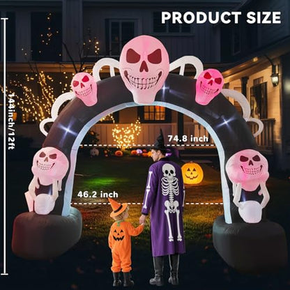 12FT Halloween Inflatable Skull Inflatable Archway Halloween Blow Up Archway Yard Decorations for Halloween Holidays Parties Built-in LEDs for Holiday Party, Garden, Lawn, Yard, Patio Décor - style: Skull Arch