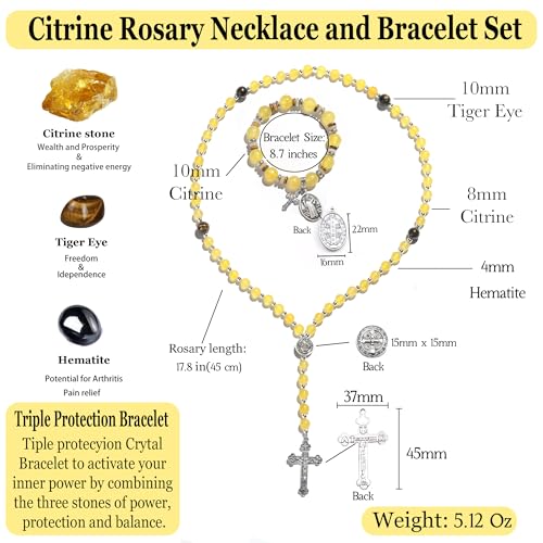 Rosary for Men Women, Natural Stone Beads with St. Benedict Bracelet - color: Yellow