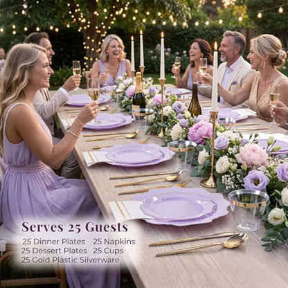 WDF 175Pcs Purple Plates Disposable - Lavender Plastic Plates 25guest Plastic Dinnerware Ideal for Birthday Party/Wedding/Holidays - color: Purple and Gold, size: 175 pieces