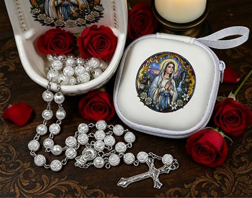 Handmade Rosary Beads for Women, Elegant Catholic Gifts for First Communion, Confirmation & Spiritual Prayer, Unique Beaded Rosary Necklace with Zippered Case - color: White - Our Lady of Lourdes