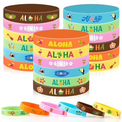 JUNEBRUSHS 42pcs Hawaiian Party Favors Silicone Wristbands Rubber Bracelets for Summer Beach Hawaii Luau Baby Shower Party Supplies Goodie Bag Stuffers Fillers - style: Hawaiian Style
