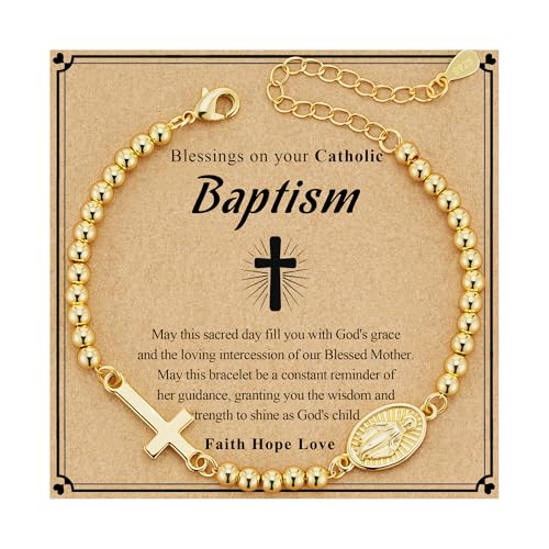 First Communion Gifts for Girls Virgin Mary Cross Bracelet Non Tarnish Baptism 1st Holy Communion Confirmation Gifts Christian Religious Catholic Jewelry - color: Baptism,Gold