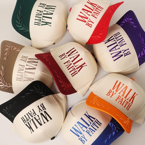 MIRMARU Christian Theme 5 Panel Embroidered Cotton Trucker Hat with Inspirational Faith Sayings for Men and Women - color: Walk By Faith, Orange