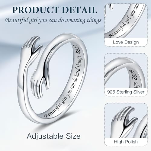 LOVECOM S925 Sterling Silver Hug Rings for Women Teen Girls Mother Daughter - color: Beautiful g@rl you can do hard things, size: US Size 6