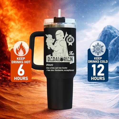 34HD Dad Funny Space 40 oz Tumbler with Handle, Sci Fi Fan Gift - color: Dadalorian with Handle