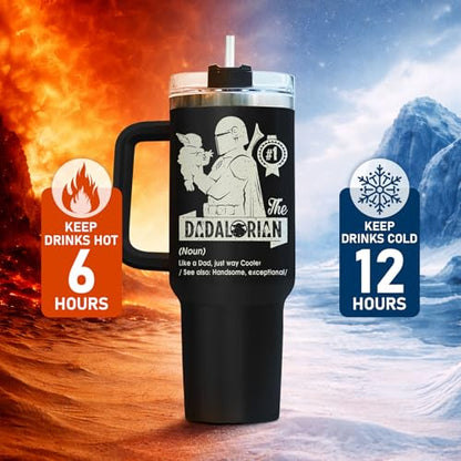 34HD Dad Funny Space 40 oz Tumbler with Handle, Sci Fi Fan Gift - color: Dadalorian with Handle