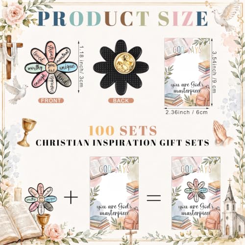 Hollowfly 50 Sets Christian Inspirational Gifts Daisy Lapel Pins Cards