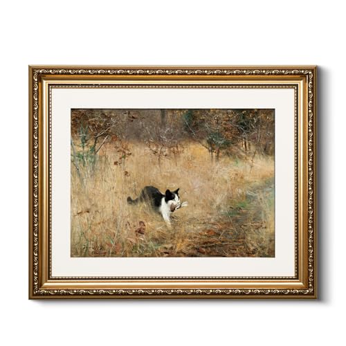 HUARCEY Vintage Gold Framed Black Cat Catching Sparrow Canvas Wall Art - color: Cat Catching Sparrow, size: 16"L x 13"W