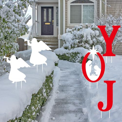 5Pcs JOY Nativity Scene Decorations, Joy Nativity Yard Sign, with Stake, Angels Christmas Decorations, for Home, Outdoor, Lawn, Pathway, New Year, Christmas Holiday Party Supplies