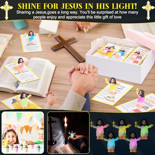 CroBlissful 30 Sets Mini Jesus Figurines Bulk Christian Glow in The Dark with Let Your Light Shine Cards for Christian Sunday School Religious Party Favor Halloween(Hold up the Cross) - style: Hold up the Cross