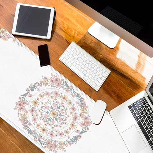 UTELKA Boho Mandala Desk Mat, Flroal Mouse Pad for Desk Large - color: Pink Boho Flroal, size: 31.5L x 11.8W inches