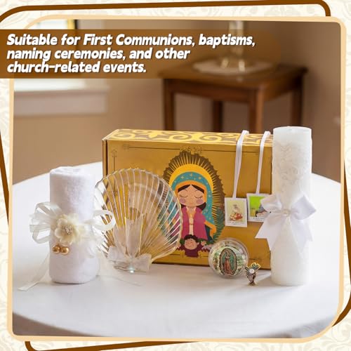 Liliful 7 Pcs Virgen De Guadalupe Baptism Candle Set, Catholic Baptism Gift Candle Towel Shell Rosary Set, Velas para Bautizo Gift for First Communion Baptismal Party Favors