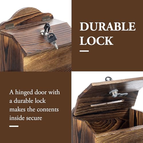 MyGift Suggestion Box with Slot and Lock, Donation Box for Fundraising, Complaint Case with Paper Sheet and Pen Holder Slots,Wall Mounted or Tabletop, Rustic Burnt Solid Wood - color: Rustic Brown