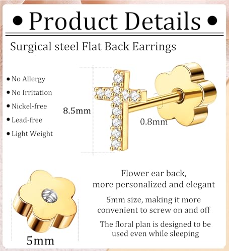 14K Gold Plated Small Stud Earrings for Girls Women Hypoallergenic Surgical Steel Cartilage Flat Back Stud Earrings CZ Cross Dot Bar Heart Handmade Screw Back Earrings Studs - color: Gold, style: Cross