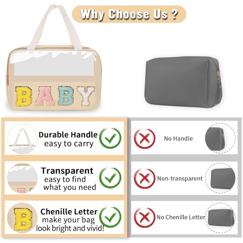 Preppy Clear Baby Makeup Bags with Chenille Letter Patches, Travel Essentials Large Clear Make up Bag Zipper Pouch with Handle, Waterproof Nylon Cosmetic Toiletry Storage Tote for Women (BABY-Beige) - color: BABY-Beige