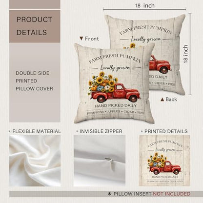 Farmhouse Fall Pumpkin Sunflower Truck Throw Pillow Covers 18x18 - color: Pumpkin-2