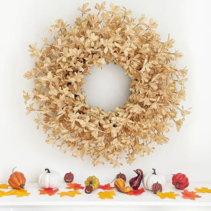 24 Inch Fall Wreaths for Front Door, Beige Forsythia Autumn Wreath - color: Beige