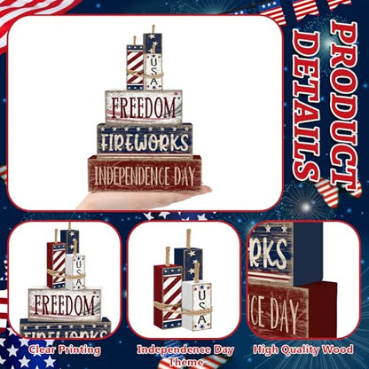 Britimes Tiered Tray Decor Set, 4 Pack, Wooden, 4th of July - style: Fireworks Independence Day