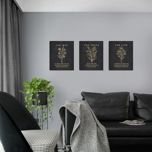 HOURIA Framed Boho Floral Christian Bible Verse Canvas Wall Art Set,12”*16”Inch The Way The Truth The Life Scriptures Poster Black Minimalist Botanical Flower Bible Wall Decor for Living Room Bedroom - color: Floral Christian Wall Art, size: 12X16inches