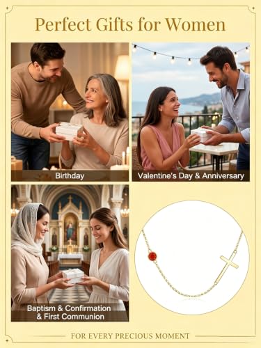 OJK 14K Gold Cross Necklace for Women Sideways Cross Birthstone Jewelry - color: 07-Ruby