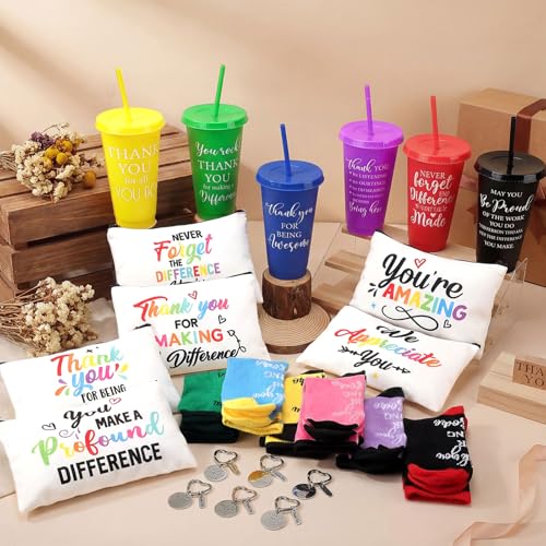 Funnymoom 24 Pcs Employee Appreciation Gifts Bulk for Women 24 oz Plastic Tumbler Cup Inspirational Makeup Cosmetic Bag Crew Sock Keychain Thank You Gift for Teachers School Staff Team Coworker - style: Employee