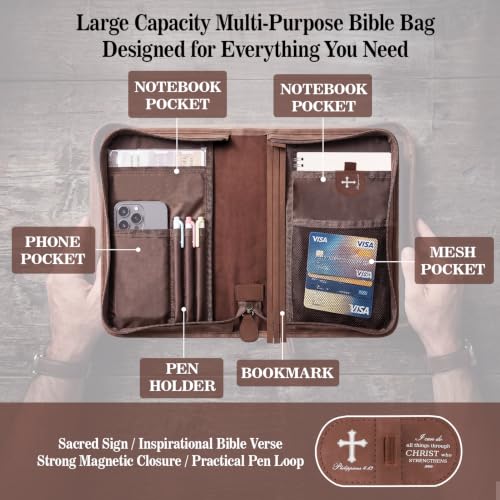 Vegan Leather Bible Case, Bible Bag with Magnetic Bookmark,Bible Cover Case - color: Brown