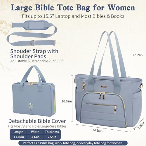Large Bible Bag for Women, 2-in-1 Bible Tote with Detachable Embroidered Bible Cover & Study Supplies, Church Bible Study Bag, Gift-Ready Christian Gift for Women (Blue) - color: Blue