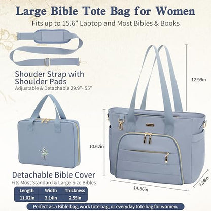 Large Bible Bag for Women, 2-in-1 Bible Tote with Detachable Embroidered Bible Cover & Study Supplies, Church Bible Study Bag, Gift-Ready Christian Gift for Women (Blue) - color: Blue
