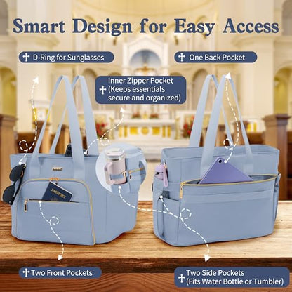 Large Bible Bag for Women, 2-in-1 Bible Tote with Detachable Embroidered Bible Cover & Study Supplies, Church Bible Study Bag, Gift-Ready Christian Gift for Women (Blue) - color: Blue